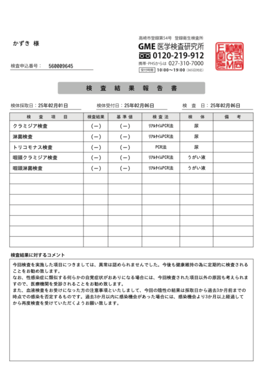 かずきの性病検査証明書